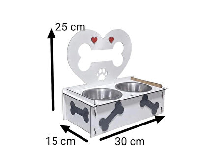 Dekoratif Ahşap Çift Hazneli Köpek Mama & Su Kabı – Kalp ve Kemik Tasarım