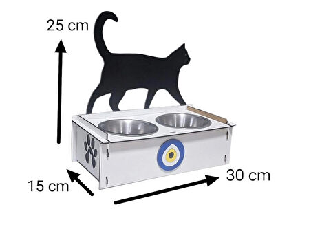 Dekoratif Ahşap Çift Hazneli Kedi Mama & Su Kabı – Kalp ve Patili Tasarım