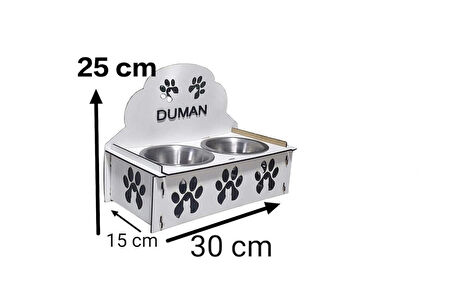 Dekoratif Ahşap Çift Hazneli Kedi Mama &amp; Su Kabı – KEDİNİZİN İSMİ