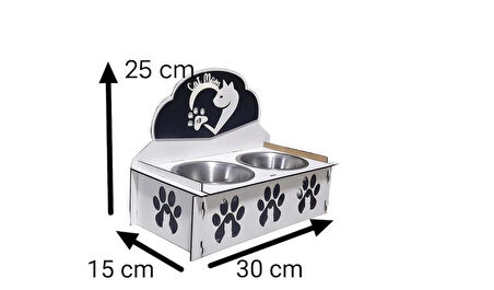 Dekoratif Ahşap Çift Hazneli Kedi Mama & Su Kabı – Kalp ve Patili Tasarım