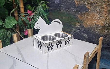 Dekoratif Ahşap Çift Hazneli Kedi Mama & Su Kabı – Kalp ve Patili Tasarım