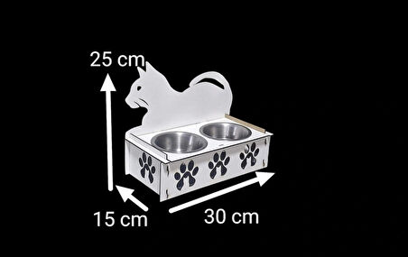 Dekoratif Ahşap Çift Hazneli Kedi Mama & Su Kabı – Kalp ve Patili Tasarım