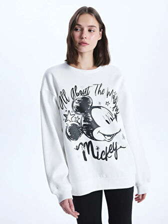 Bisiklet Yaka Mickey Mouse Baskılı Uzun Kollu Oversize Kadın Sweatshirt