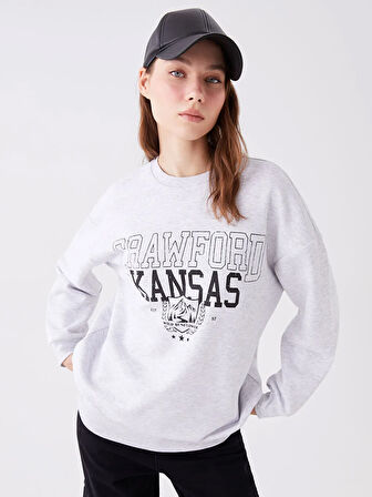 Bisiklet Yaka Baskılı Uzun Kollu Oversize Kadın Sweatshirt