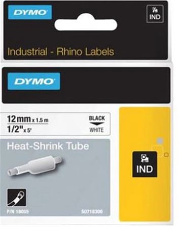 DYMO 18055 RhinoPRO Beyaz-Siyah Isıyla Küçülen Şerit 12 mm x 1,5 mt (KDO)