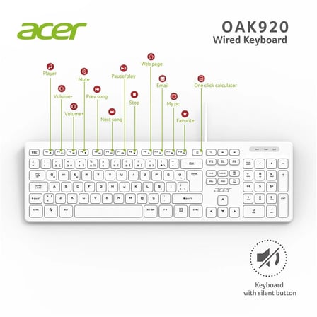 Acer OAK920 Q Usb Beyaz 1.8mt Kablolu Klavye-Tek Tuş Hesap Makinalı (Sessiz Tuş) (KDO)