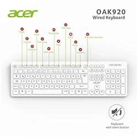 Acer OAK920 Q Usb Beyaz 1.8mt Kablolu Klavye-Tek Tuş Hesap Makinalı (Sessiz Tuş) (KDO)