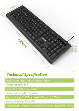 Acer OAK-0A0  Siyah Kablolu Sessiz Tuşlu  Klavye (Caps Lock) (Kablo Uzunluğu 1.50Cm) Caps Lock (KDO)