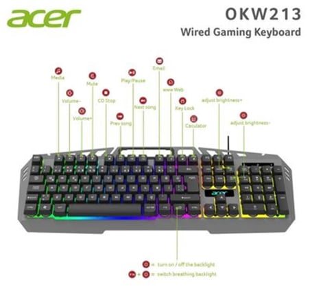 Acer OKW213 Gri RGB Rainbow Backlit Gaming Keyboard Rainbow (Kablo Uzunluğu 1,5mt) (KDO)