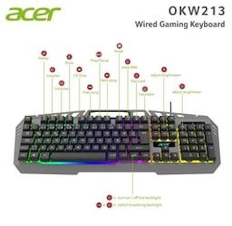 Acer OKW213 Gri RGB Rainbow Backlit Gaming Keyboard Rainbow (Kablo Uzunluğu 1,5mt) (KDO)