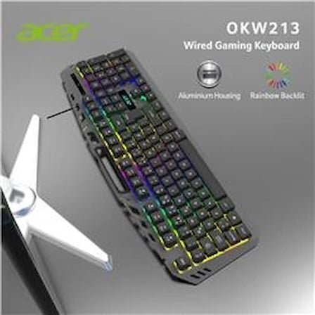 Acer OKW213 Siyah RGB Rainbow Backlit Gaming Keyboard Rainbow (Kablo Uzunluğu 1,5mt) (KDO)