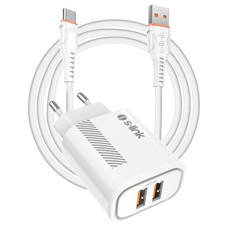 S-link SL-EC50 (SL-EC50T) 5V 2400MA Type-C Kablolu 2 USB Çıkışlı Beyaz Ev Şarj Adaptörü (KDO)