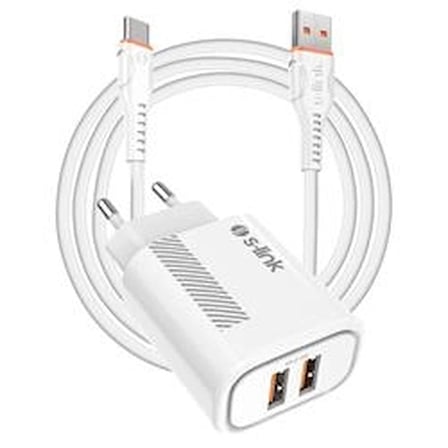S-link SL-EC50 (SL-EC50T) 5V 2400MA Type-C Kablolu 2 USB Çıkışlı Beyaz Ev Şarj Adaptörü (KDO)