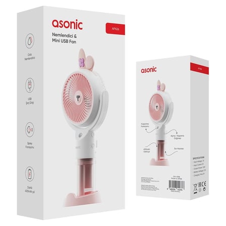 Asonic AFN26 Beyaz 500mAh 2 Kademe (Püskürtme Fonksiyon) Nemlendirici Sprey USB Fan Şarjlı (KDO)