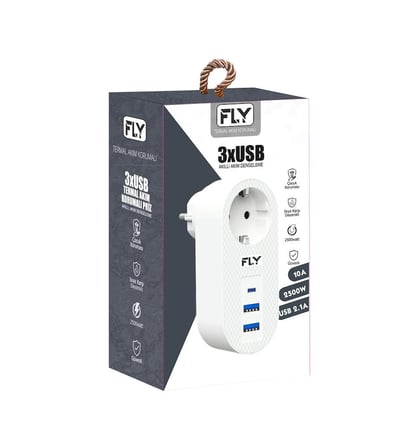 FLY-3400-01 Akım Korumalı.1 li Priz 2-Usba 1-C Soket 2.1A 10A 2500W (KDO)