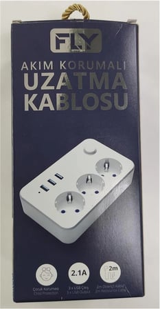 Fly 3406-01 3lü Anahtarlı 2.1A 3Usb Şarj Çıkışı 2mt Anahtarlı  Akım Korumalı Priz Çocuk Koruması (KDO)