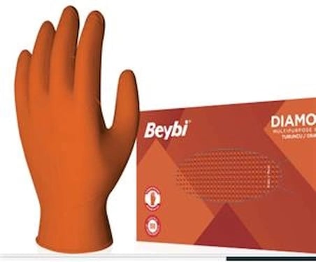 Beybi Diamond Pudrasız Xl Beden Kalın Turuncu Nitril Eldiven Ekstra Büyük 100 Adet (KDO)