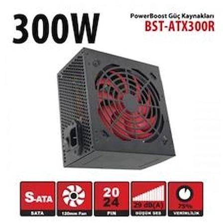 PowerBoost BST-ATX300R 300w, PPFC 12cm Kırmızı Fanlı ATX PSU (Retail Box) Güç Kaynağı (KDO)