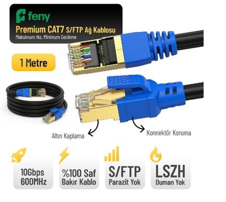 Feny FN-CAT7LS01 10GBPS İnternet 600MHZ 1 Metre CAT7 Gold Patch Kablo (Yanmaz- yüzde 100 Saf Bakır) (KDO)