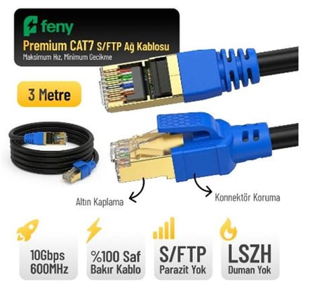 Feny FN-CAT7LS03 10GBPS İnternet 600MHZ 3 Metre CAT7 Gold Patch Kablo (Yanmaz- yüzde 100 Saf Bakır) (KDO)