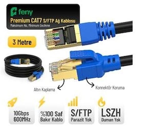 Feny FN-CAT7LS03 10GBPS İnternet 600MHZ 3 Metre CAT7 Gold Patch Kablo (Yanmaz- yüzde 100 Saf Bakır) (KDO)