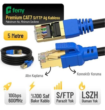 Feny FN-CAT7LS05 10GBPS İnternet 600MHZ 5 Metre CAT7 Gold Patch Kablo (Yanmaz- yüzde 100 Saf Bakır) (KDO)