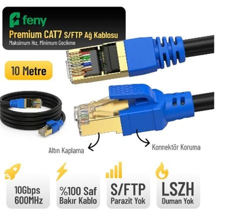 Feny FN-CAT7LS10 10GBPS İnternet 600MHZ 10 Metre CAT7 Gold Patch Kablo (Yanmaz- yüzde 100 Saf Bakır) (KDO)
