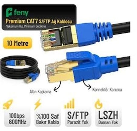 Feny FN-CAT7LS10 10GBPS İnternet 600MHZ 10 Metre CAT7 Gold Patch Kablo (Yanmaz- yüzde 100 Saf Bakır) (KDO)