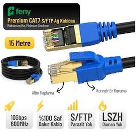 Feny FN-CAT7LS15 10GBPS İnternet 600MHZ 15 Metre CAT7 Gold Patch Kablo (Yanmaz- yüzde 100 Saf Bakır) (KDO)