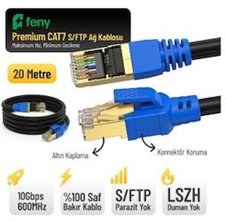 Feny FN-CAT7LS20 10GBPS İnternet 600MHZ 20 Metre CAT7 Gold Patch Kablo (Yanmaz- yüzde 100 Saf Bakır) (KDO)