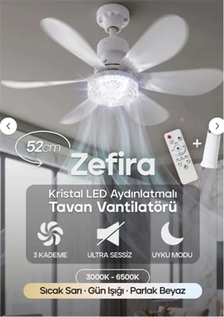 Feny Fn-F82 Zefira 3 Kademe Ultra Sessiz Uyku Mod 3000k-6500K Kristal Led Tavan Vantilatörü Kumanda (KDO)