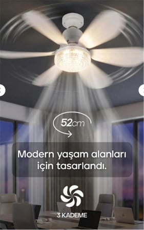 Feny Fn-F82 Zefira 3 Kademe Ultra Sessiz Uyku Mod 3000k-6500K Kristal Led Tavan Vantilatörü Kumanda (KDO)