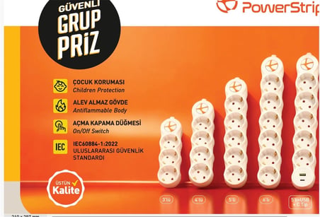 TUNCMATIK POWERSTRIP4 4 lü 3m IEC 66884-1:2022 Standartı, FR(Alev Almaz)anahtarlı grup priz (KDO)