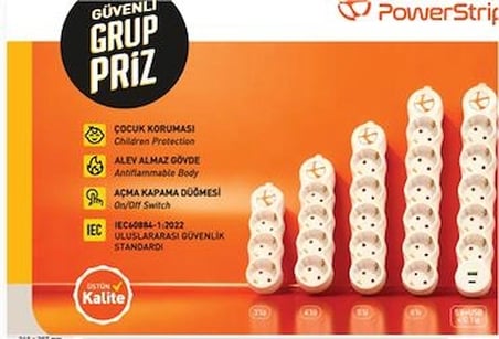 TUNCMATIK POWERSTRIP4 4 lü 3m IEC 66884-1:2022 Standartı, FR(Alev Almaz)anahtarlı grup priz (KDO)