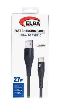 Elba ELB-2701 27w Usb-a To Type-c 1mt Siyah Örgülü Şarj Kablosu 480Mps Hızlı Şarj (KDO)