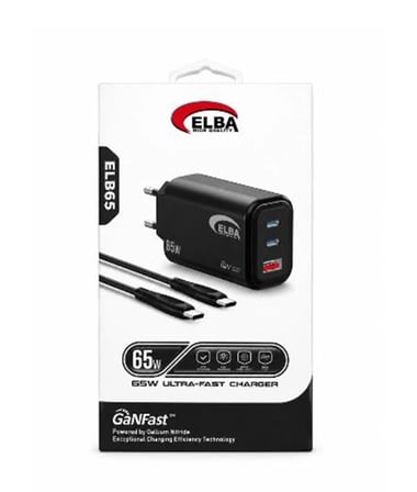 Elba ELB65 65W Siyah Ev Şarj Kafa + Type- C To Type-C Kablo  ( GANFAST Teknoloji )Şarj Aleti (KDO)