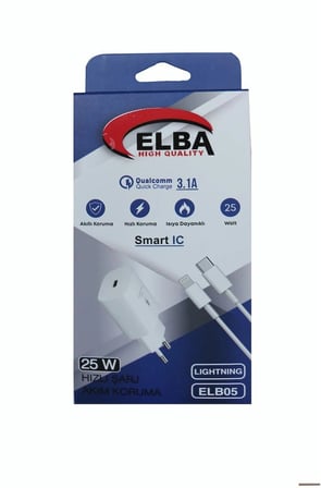 Elba ELB05-PD-25WIOS Beyaz 25W Usb-c Ev Şarj Kafa+1mt Type-c To Lightnıng Kablo PD3.0-QC4.0 Hızlı Ş (KDO)