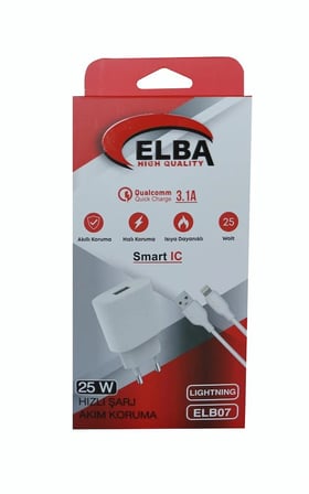 Elba ELB07-USB-25WIOS Beyaz 25W Usb Ev Şarj Kafa+ Usb 1mt Lightning Kablo QC4.0 Hızlı Şarj (KDO)