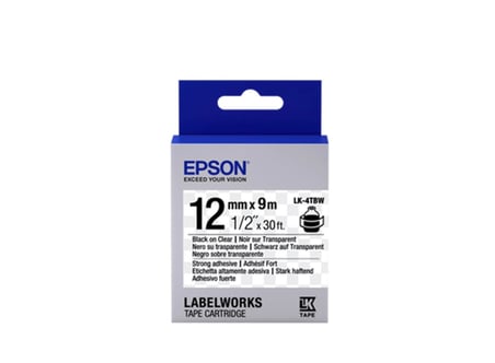 Epson LK-4TBW Güçlü Yapışkanlı Şeffaf Üzeri Siyah 12mm 9Metre Etiket (KDO)