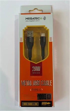 Megatech 3.1A 20W 1mt Örgülü Hasır Siyah Usb To TYP-C DATA KABLOSU (KDO)