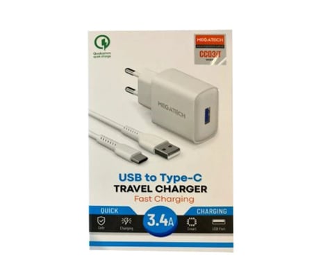Megatech CC-03 (MT-Ct34 )3.4A Type-C Usb Kablo+ Ev Şarj Adaptör Hızlı Şarj (KDO)