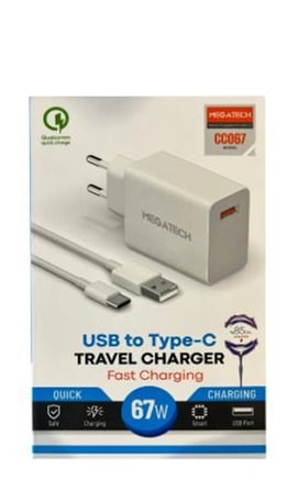 Megatech 67w Turbo Şarj Gösterme EvŞarj Kafa + Type-C Şarj Kablosu (KDO)