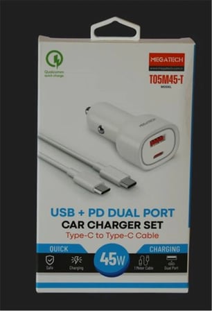 Megatech T05M45-T Beyaz 45W PD-USB Araç Çakmaklık Şarj Başlığı Hızlı Şarj(TYPE-C TO TYPE-C KABLO) (KDO)