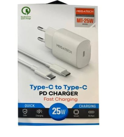 Megatech Mt-25w QC:3.0 PD:3.0 Ev Şarj Kafa+ Type-C To Type-C Şarj Kafası Hızlı Şarj (KDO)