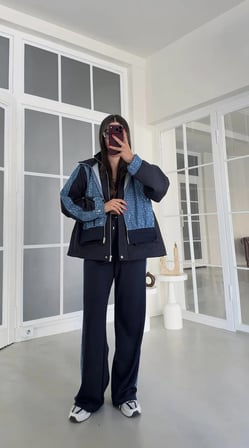 Kadın Lacivert Pul İşlemeli Parçalı Denim Kapüşon Detaylı Eşofman Takım