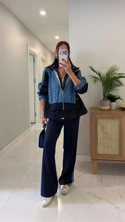 Kadın Lacivert Pul İşlemeli Parçalı Denim Kapüşon Detaylı Eşofman Takım