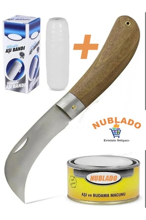 Aşı Bıçağı Eğri Uçlu Bağ Bıçağı Ara Çakı 21 cm + Aşı Bandı + Aşı Macunu (3'LÜ SET).