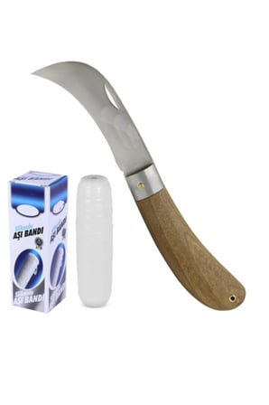 Aşı Bıçağı Eğri Uçlu Bağ Bıçağı Ara Çakı 21 cm + Aşı Bandı + Aşı Macunu (3'LÜ SET).