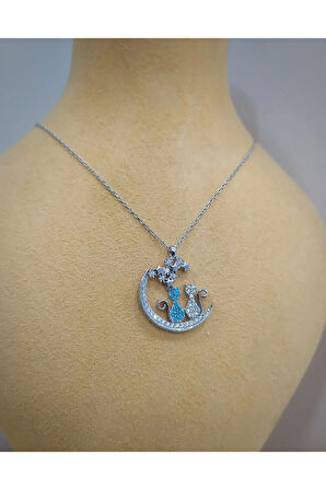 Modahilye 925 Ayar Gümüş Ay Yıldız Seyreden Kedi Tasarım Kolye