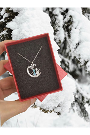 Modahilye 925 Ayar Gümüş Ay Yıldız Seyreden Kedi Tasarım Kolye